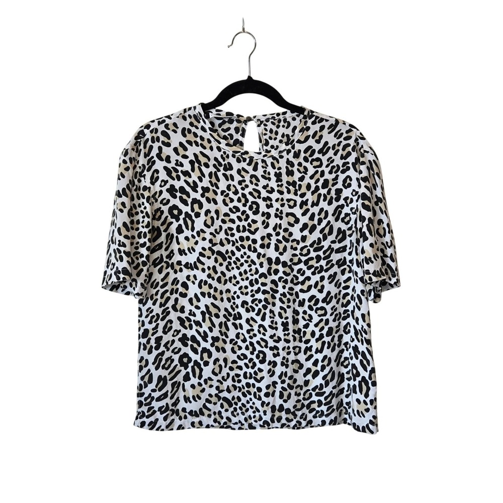 100% Silk Equipment Femme Leopard Print Short Sleeve Blouse Small P, Animalier
